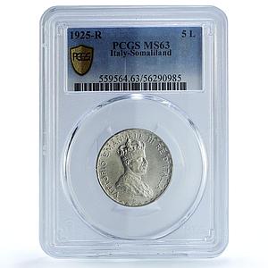 Somaliland Italy 5 lire Vittorio Emanuele III KM-7 MS 63 PCGS silver coin 1925