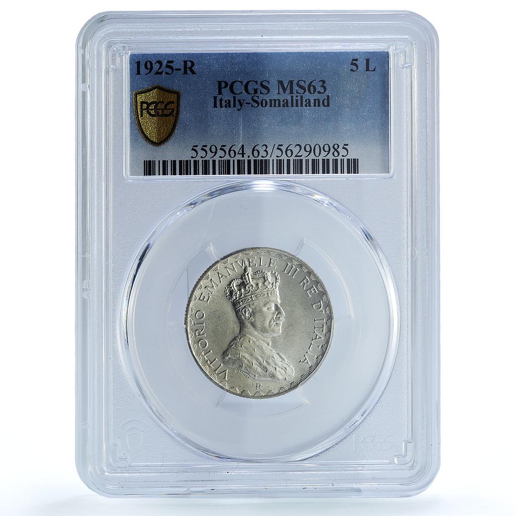 Somaliland Italy 5 lire Vittorio Emanuele III KM-7 MS 63 PCGS silver coin 1925 Somaliland Italy 5 lire Vittorio Emanuele III KM-7 MS 63 PCGS silver coin 1925