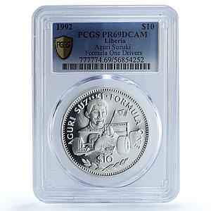 Liberia 10 dollars Aguri Suzuki KM-84 Formula One Car PR69 PCGS silver coin 1992