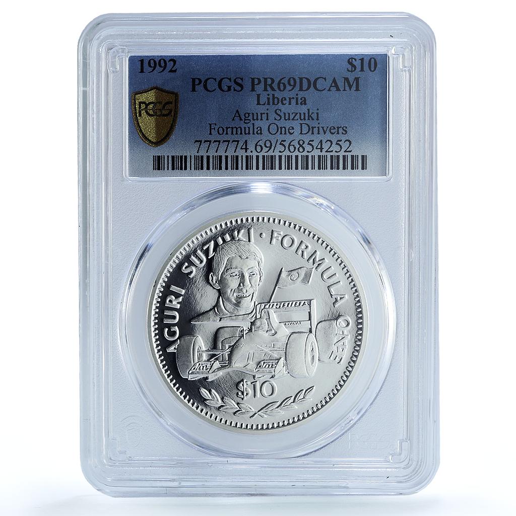 Liberia 10 dollars Aguri Suzuki KM-84 Formula One Car PR69 PCGS silver coin 1992 Liberia 10 dollars Aguri Suzuki KM-84 Formula One Car PR69 PCGS silver coin 1992