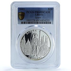 Liberia 20 dollars Spain KM-1257 Architecture Church PR 69 PCGS silver coin 2001