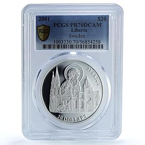 Liberia 20 dollars Sweden KM-1258 Architecture Church PR70 PCGS silver coin 2001