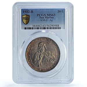 San Marino 20 lire Republic KM-11 Pag# 343 MS 63 PCGS silver coin 1932 R