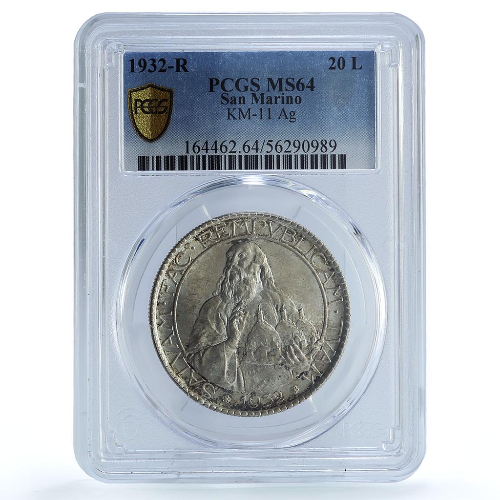 San Marino 20 lire Republic KM-11 Pag# 343 MS 64 PCGS silver coin 1932 R San Marino 20 lire Republic KM-11 Pag# 343 MS 64 PCGS silver coin 1932 R