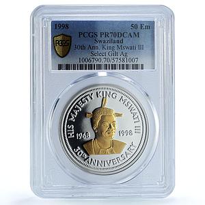 Swaziland 50 emalangeni Mswati III Gilt Anniversary PR 70 PCGS silver coin 1998