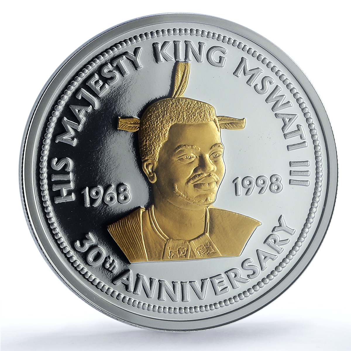 S 1998 50 Em 30th Ann. King Mswati III Select Gilt Ag, DCAM S 1998 50 Em 30th Ann. King Mswati III Select Gilt Ag, DCAM