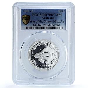 Australia 50 cents Year Snake KM-535 Lunar Series 1 PR 70 PCGS silver coin 2001