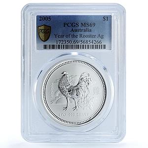 Australia 1 dollar Year Rooster KM-695 Lunar Series 1 MS69 PCGS silver coin 2005