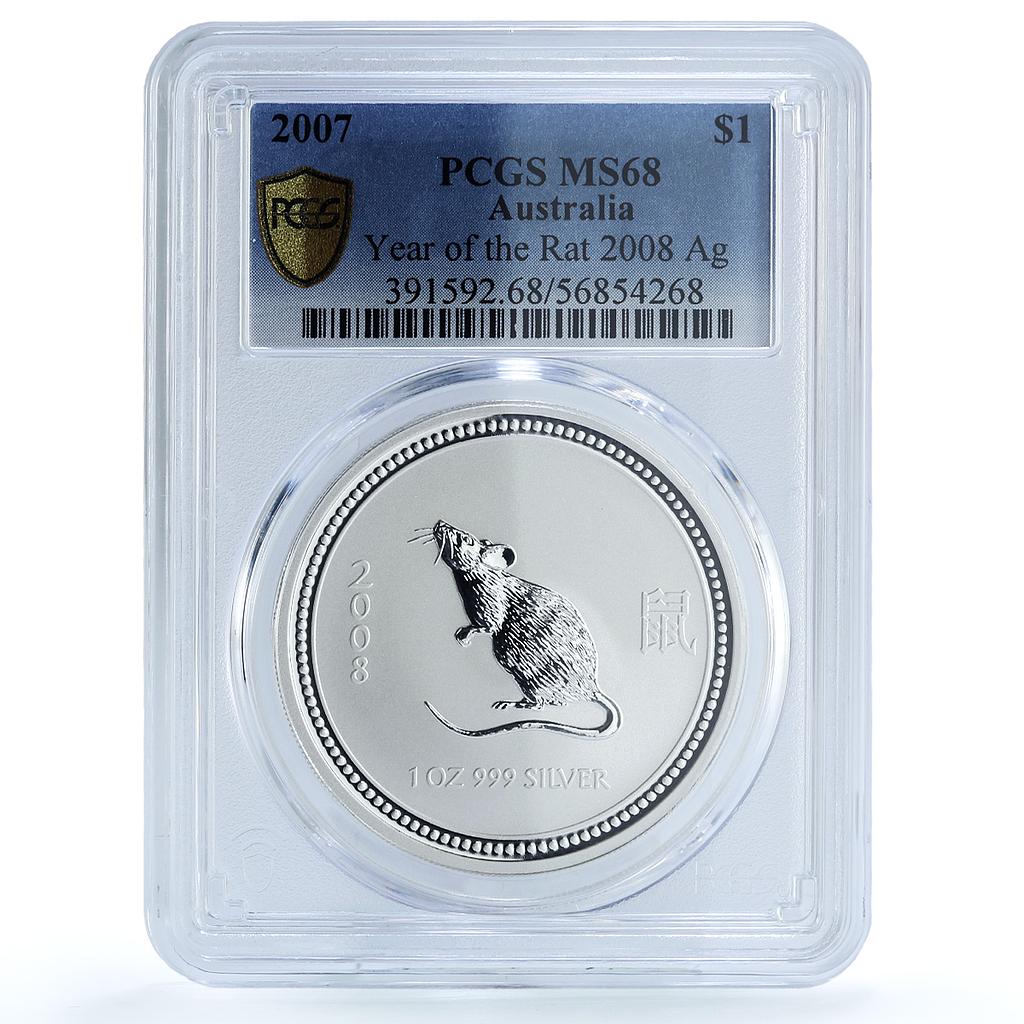 Australia 1 dollar Year Rat 2008 KM-1056a Lunar Series 1 MS 68 PCGS Ag coin 2007 Australia 1 dollar Year Rat 2008 KM-1056a Lunar Series 1 MS 68 PCGS Ag coin 2007