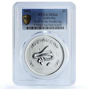Australia 1 dollar Year Snake KM-536 Lunar Series 1 MS 66 PCGS silver coin 2001