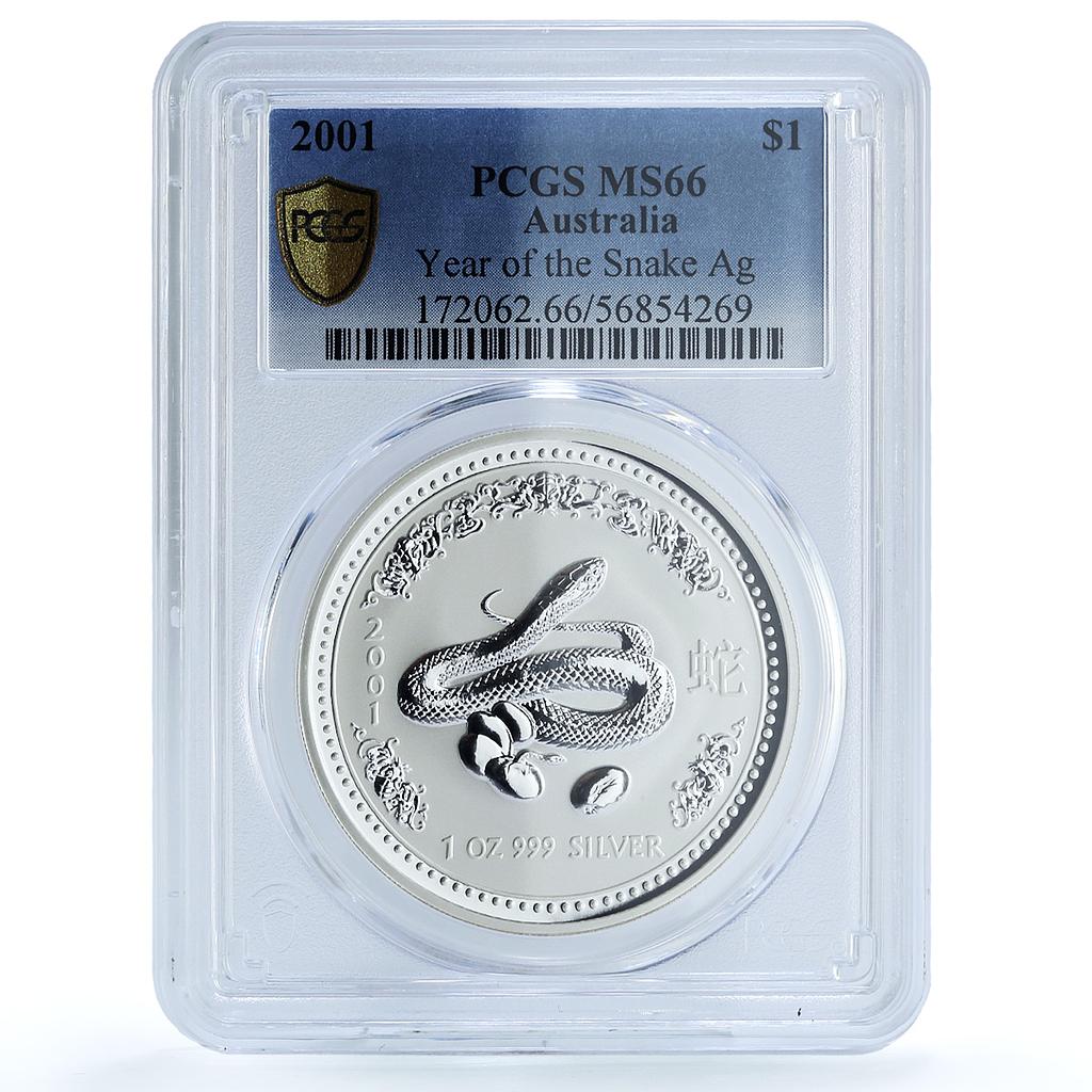 Australia 1 dollar Year Snake KM-536 Lunar Series 1 MS 66 PCGS silver coin 2001