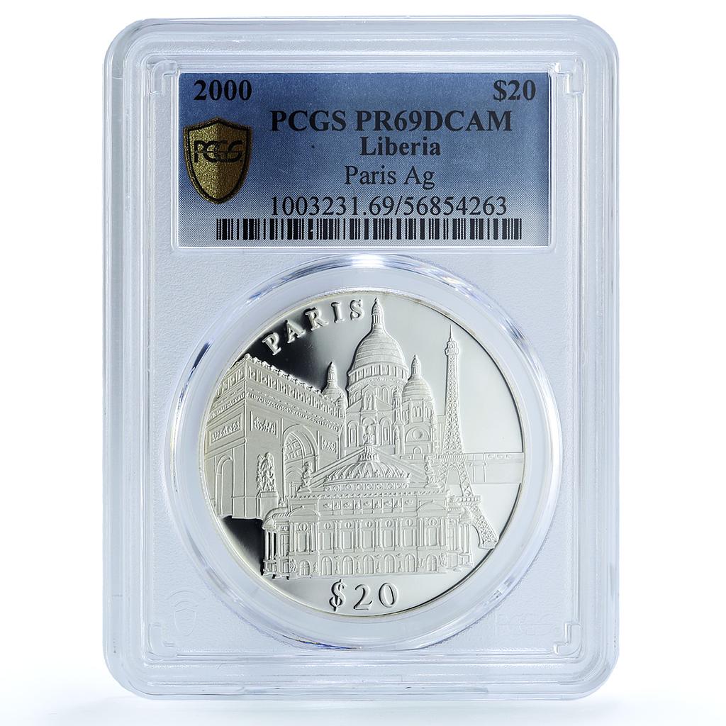 Liberia 20 dollars Paris France Architecture City PR 69 PCGS silver coin 2000 Liberia 20 dollars Paris France Architecture City PR 69 PCGS silver coin 2000