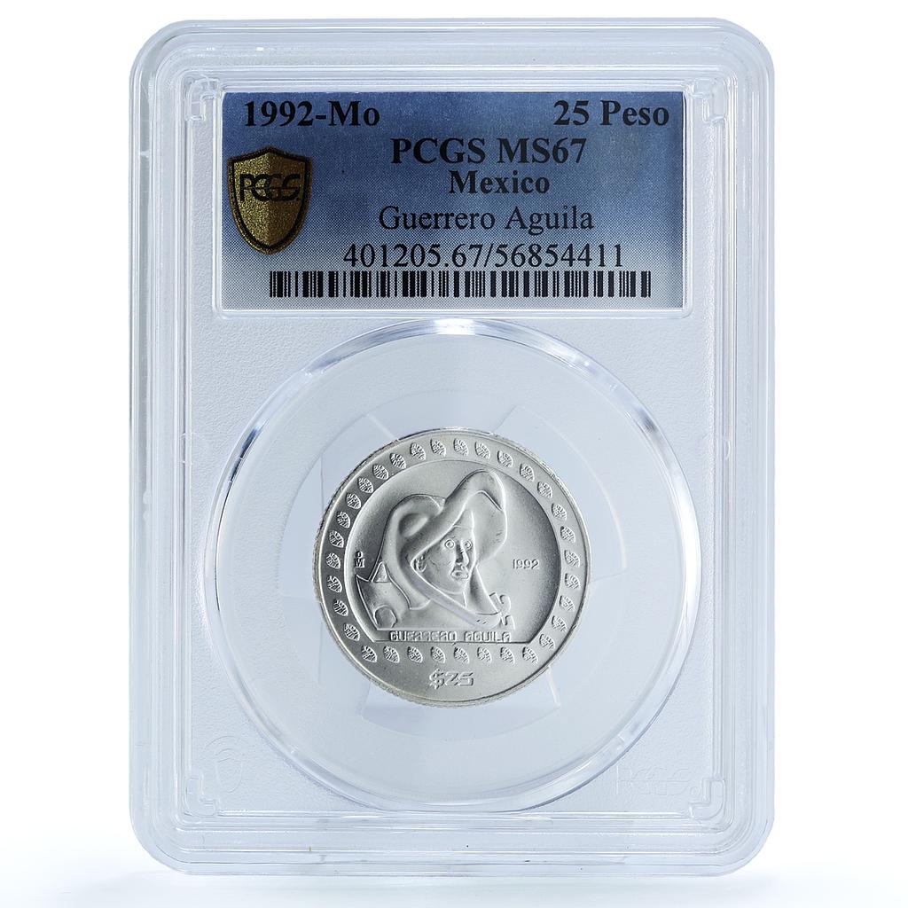 Mexico 25 pesos Guerrero Aguila KM-554 Precolombina Aztec MS67 PCGS Ag coin 1992 Mexico 25 pesos Guerrero Aguila KM-554 Precolombina Aztec MS67 PCGS Ag coin 1992