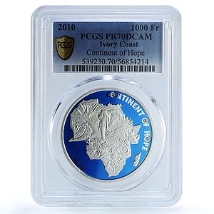 Ivory Coast 1000 francs Continent Hope KM-8 Elephant PR 70 PCGS silver coin 2010