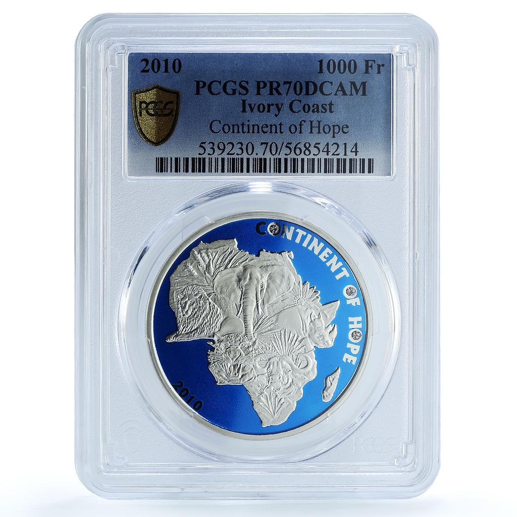 Ivory Coast 1000 francs Continent Hope KM-8 Elephant PR 70 PCGS silver coin 2010 Ivory Coast 1000 francs Continent Hope KM-8 Elephant PR 70 PCGS silver coin 2010