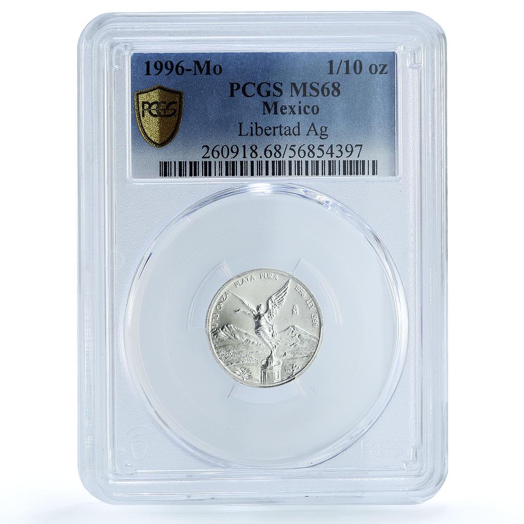 Mexico 1/10 onza Libertad Angel Independence KM-610 MS 68 PCGS silver coin 1996