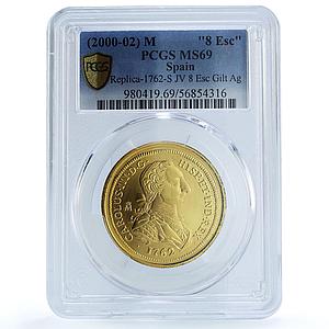 Spain Carlos III 8 Escudos 1762 S JV Restrike Gilt MS 69 PCGS silver coin 2000 M