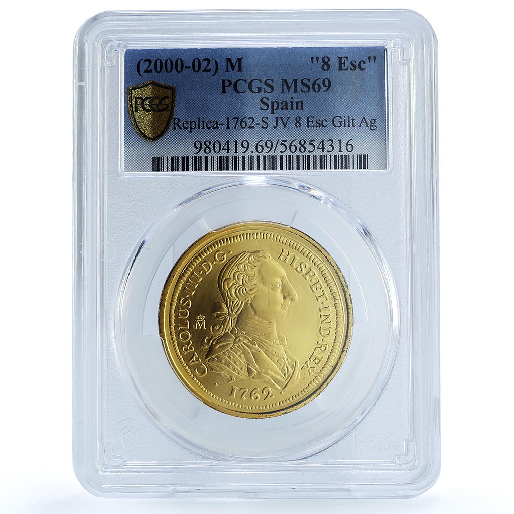 Spain Carlos III 8 Escudos 1762 S JV Restrike Gilt MS 69 PCGS silver coin 2000 M Spain Carlos III 8 Escudos 1762 S JV Restrike Gilt MS 69 PCGS silver coin 2000 M