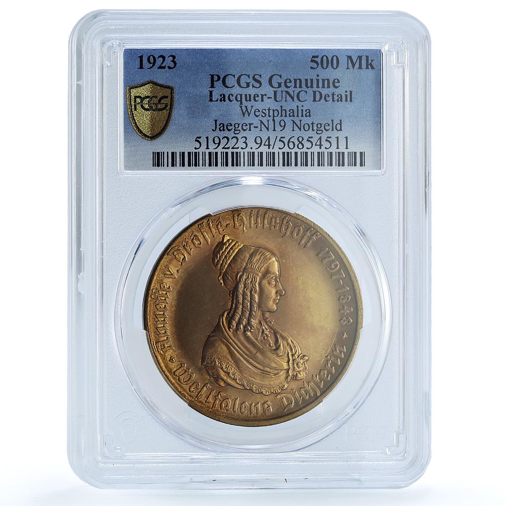 Germany Westphalia 500 mark Annette Hulshoff Notgeld J-N19 PCGS brass coin 1923 Germany Westphalia 500 mark Annette Hulshoff Notgeld J-N19 PCGS brass coin 1923