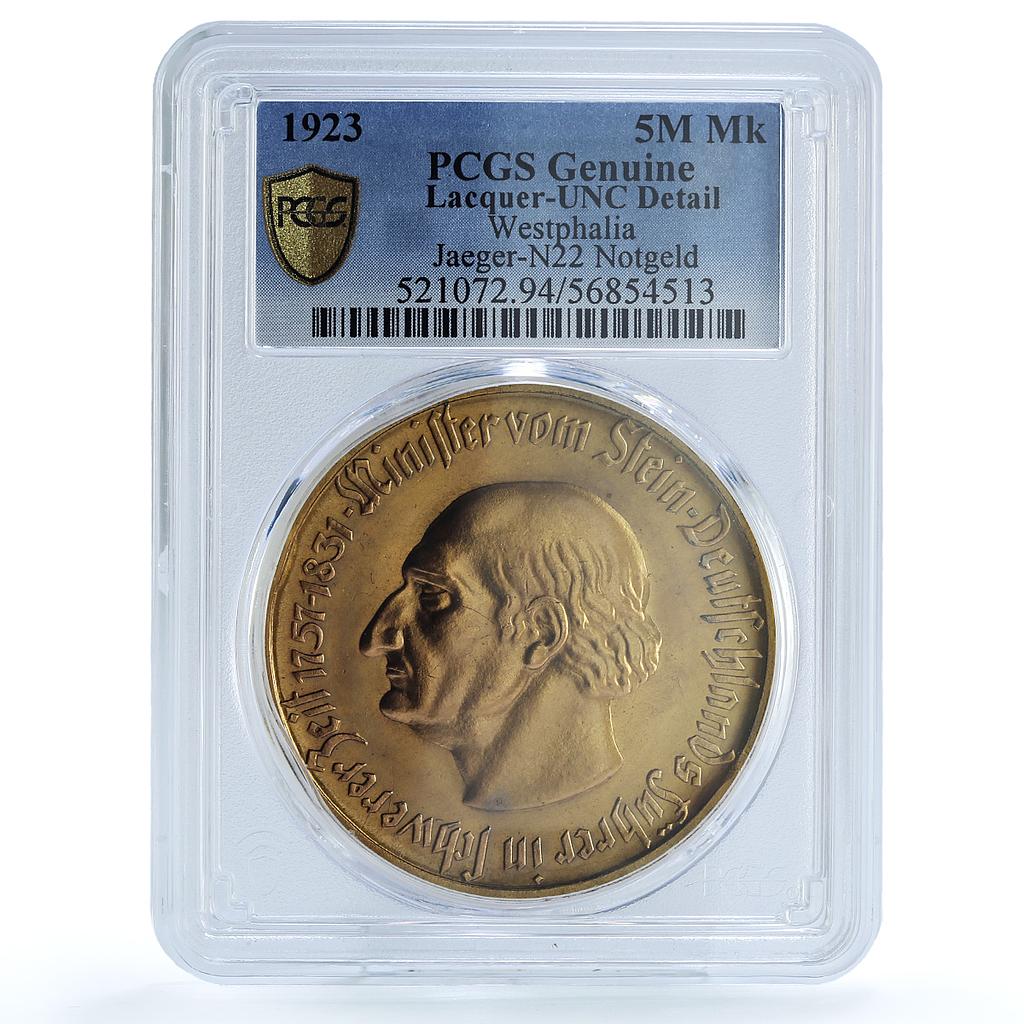 Germany Westphalia 5 million mark Von Stein Notgeld J-N22 PCGS copper coin 1923 Germany Westphalia 5 million mark Von Stein Notgeld J-N22 PCGS copper coin 1923