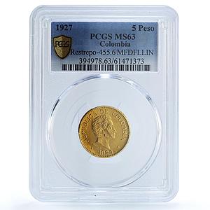Colombia 5 pesos Republic MFDFLLIN KM-204 MS 63 PCGS gold coin 1927