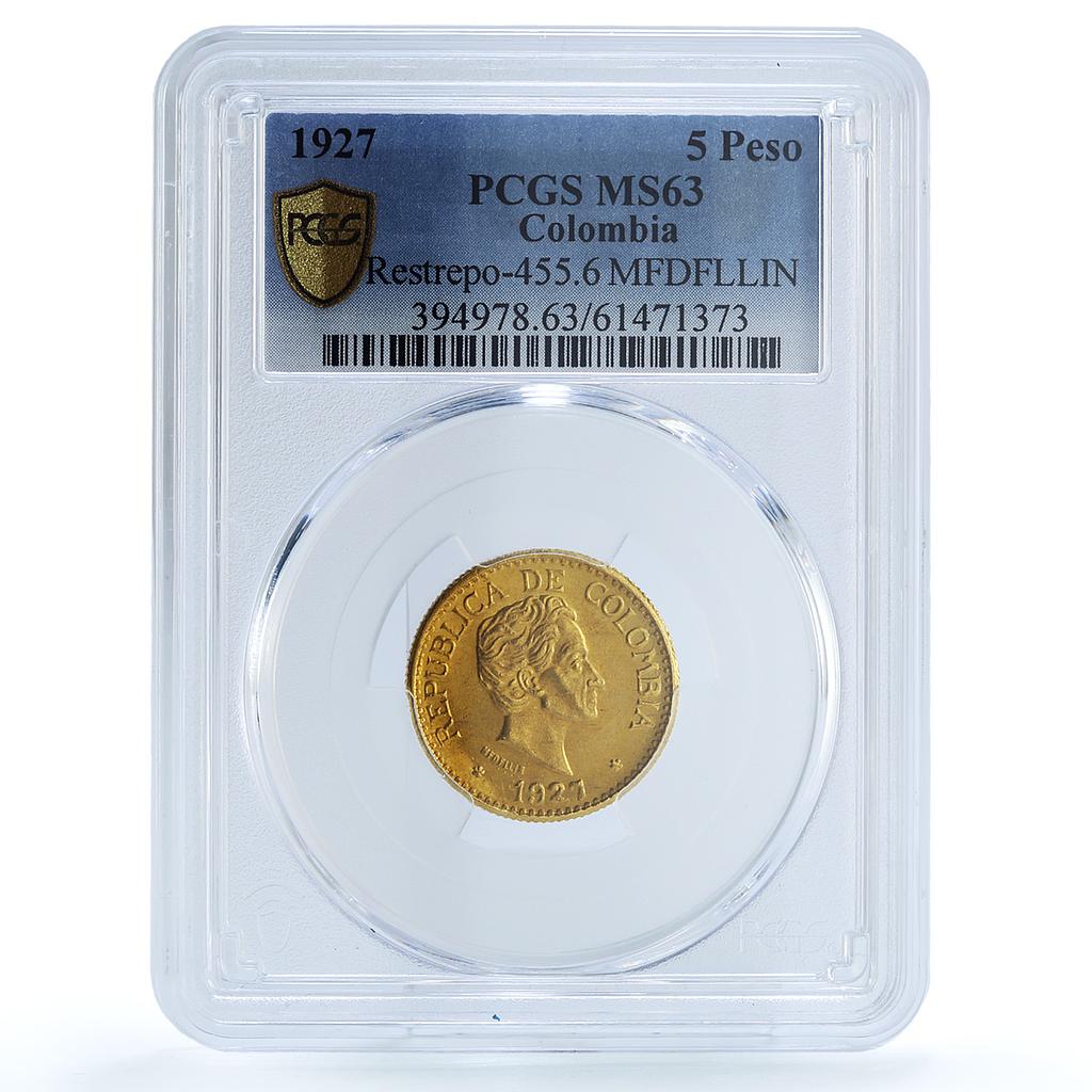 Colombia 5 pesos Republic MFDFLLIN KM-204 MS 63 PCGS gold coin 1927 Colombia 5 pesos Republic MFDFLLIN KM-204 MS 63 PCGS gold coin 1927