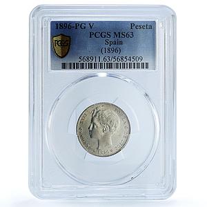 Spain 1 peseta Alfonso XIII KM-706 Calico-41 MS 63 PCGS silver coin 1896 PG V