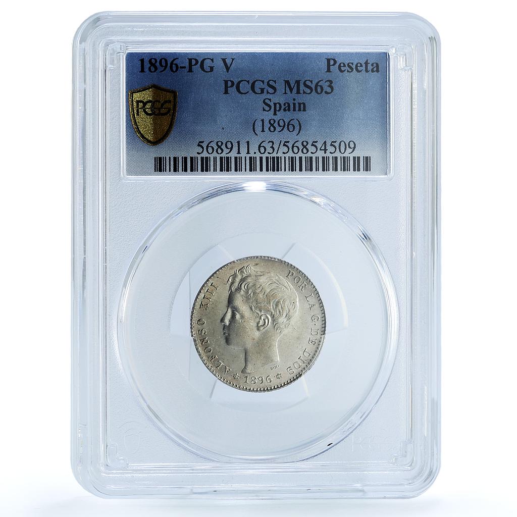 Spain 1 peseta Alfonso XIII KM-706 Calico-41 MS 63 PCGS silver coin 1896 PG V Spain 1 peseta Alfonso XIII KM-706 Calico-41 MS 63 PCGS silver coin 1896 PG V