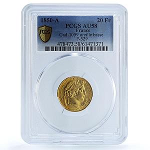 France 20 francs Second Republic KM-762 Gad-1059 F-529 AU 58 PCGS gold coin 1850