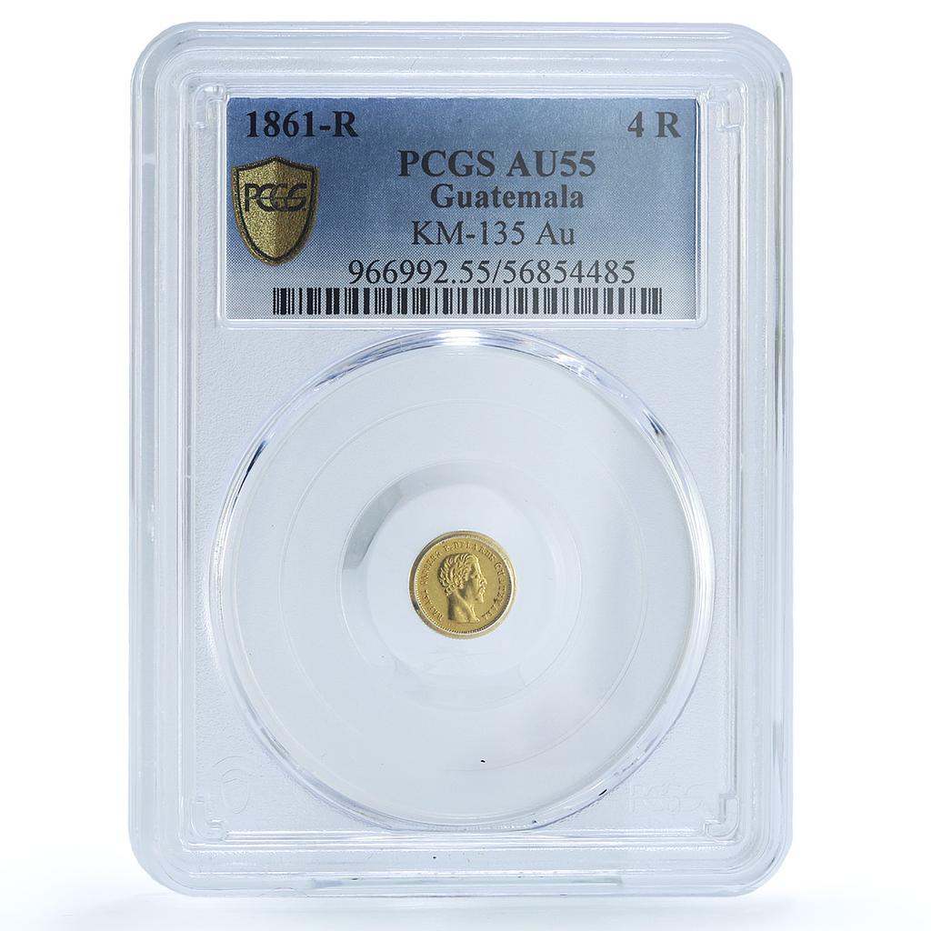 Guatemala 4 reales Rafael Carrera Cuatro KM-135 AU 55 PCGS gold coin 1861 R Guatemala 4 reales Rafael Carrera Cuatro KM-135 AU 55 PCGS gold coin 1861 R