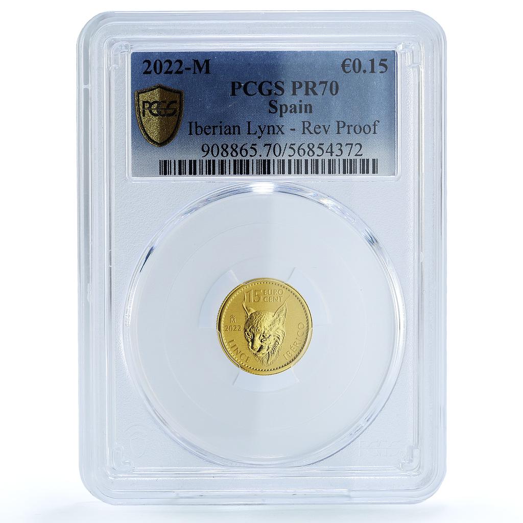 Spain 15 euro cents Iberian Lynx KM-1529 Fauna Cat PR 70 PCGS gold coin 2022 Spain 15 euro cents Iberian Lynx KM-1529 Fauna Cat PR 70 PCGS gold coin 2022