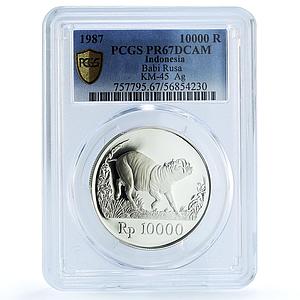Indonesia 10000 rupiah Babi Rusa KM-45 Wildlife Pig PR 67 PCGS silver coin 1987