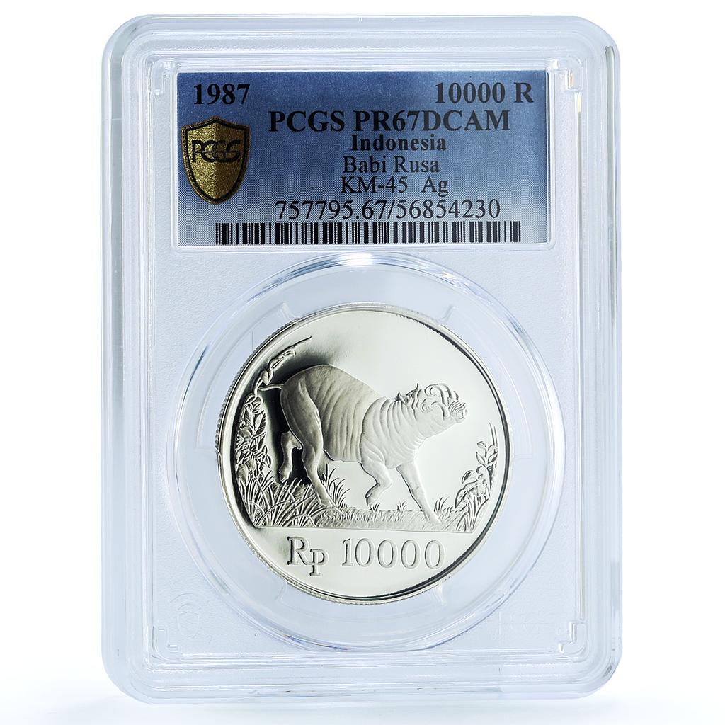 Indonesia 10000 rupiah Babi Rusa KM-45 Wildlife Pig PR 67 PCGS silver coin 1987 Indonesia 10000 rupiah Babi Rusa KM-45 Wildlife Pig PR 67 PCGS silver coin 1987