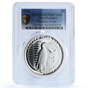 New Zealand 5 dollars Kairuku Diver Fauna Penguin PR 70 PCGS silver coin 2014