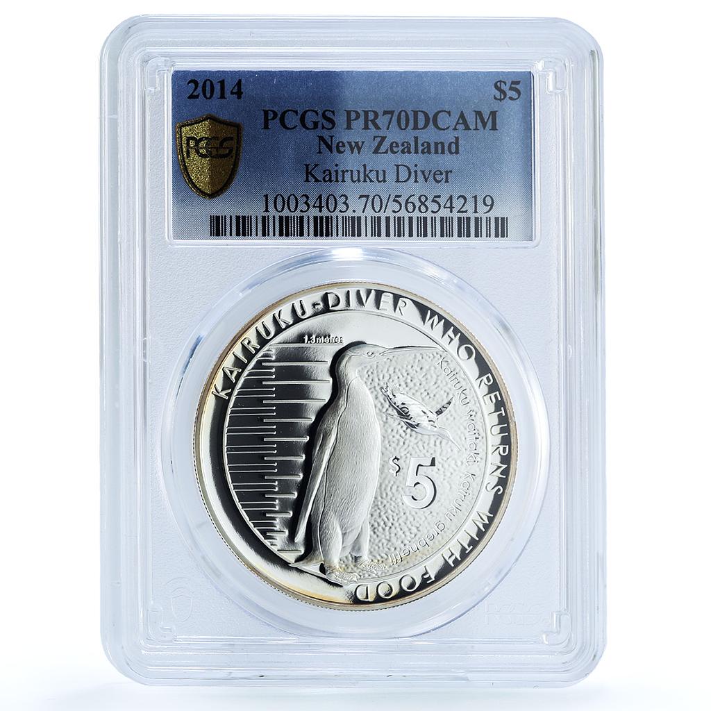 New Zealand 5 dollars Kairuku Diver Fauna Penguin PR 70 PCGS silver coin 2014 New Zealand 5 dollars Kairuku Diver Fauna Penguin PR 70 PCGS silver coin 2014