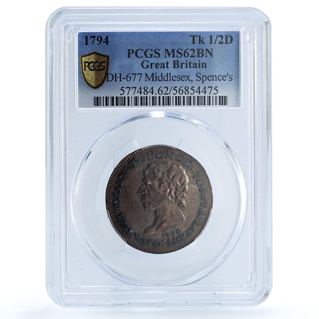 Great Britain Middlesex 1/2 Penny Token Spence DH-677 MS 62 PCGS copper 1794 Great Britain Middlesex 1/2 Penny Token Spence DH-677 MS 62 PCGS copper 1794