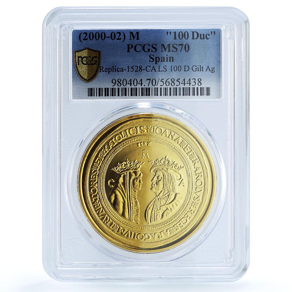 Spain Juana Carlos 100 Ducados 1528 Restrike Gilt MS 70 PCGS silver coin 2000-02 Spain Juana Carlos 100 Ducados 1528 Restrike Gilt MS 70 PCGS silver coin 2000-02