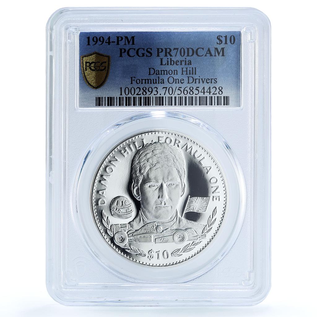 Liberia 10 dollars Damon Hill Formula One Car PR 70 PCGS silver coin 1994 Liberia 10 dollars Damon Hill Formula One Car PR 70 PCGS silver coin 1994