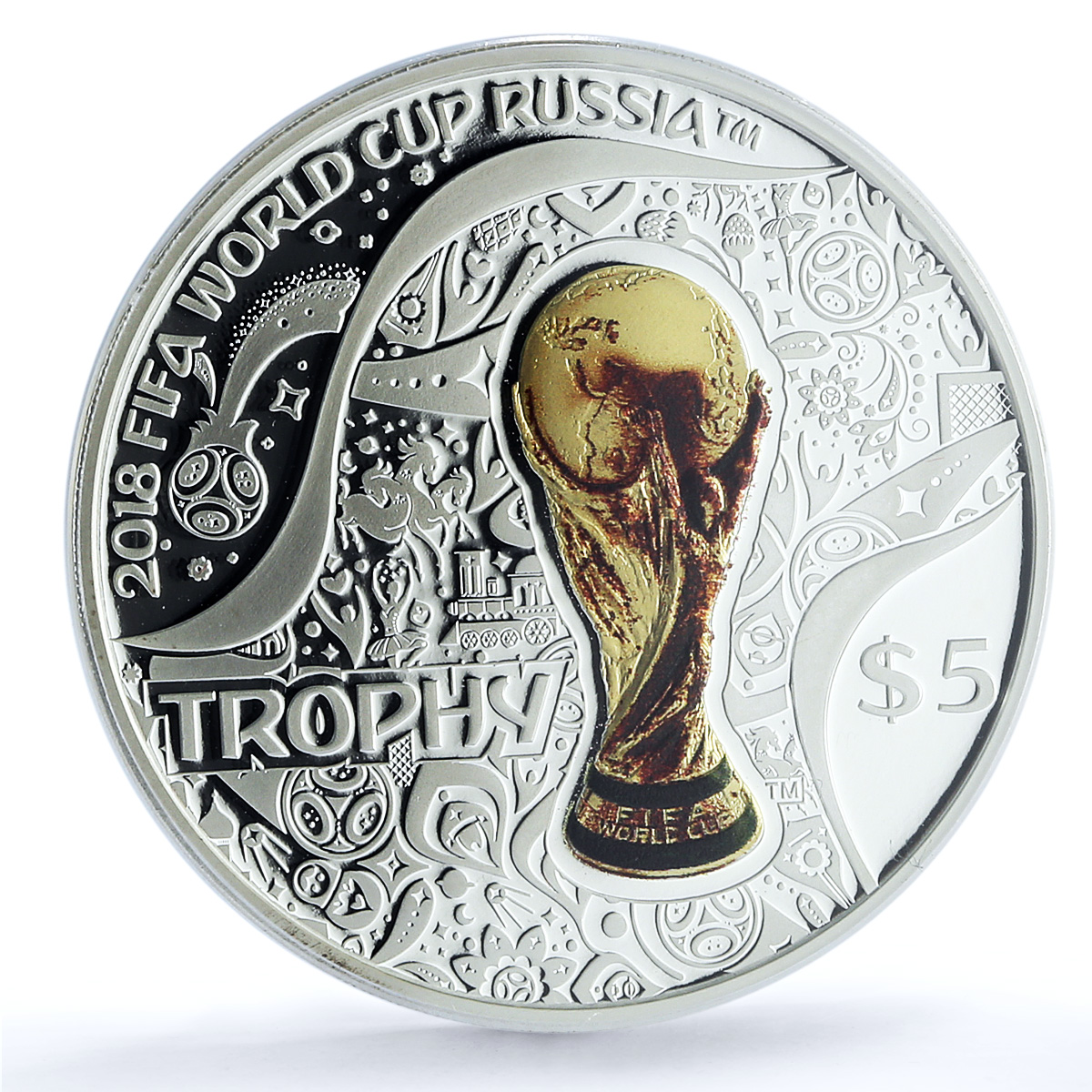 S 2018 $5 FIFA World Cup 2018 Trophy - Ag Colorized, DCAM S 2018 $5 FIFA World Cup 2018 Trophy - Ag Colorized, DCAM