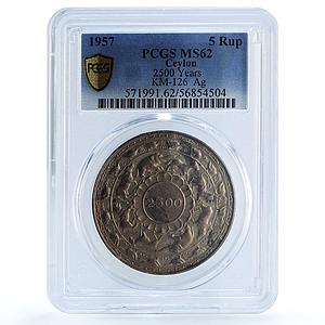 Ceylon 5 rupees Buddhism 2500 Year KM-126 Religion MS 62 PCGS silver coin 1957