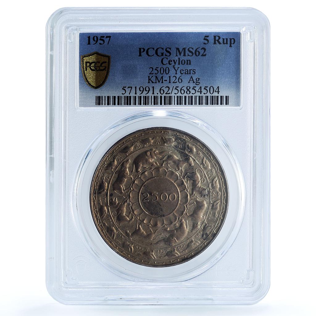 Ceylon 5 rupees Buddhism 2500 Year KM-126 Religion MS 62 PCGS silver coin 1957 Ceylon 5 rupees Buddhism 2500 Year KM-126 Religion MS 62 PCGS silver coin 1957