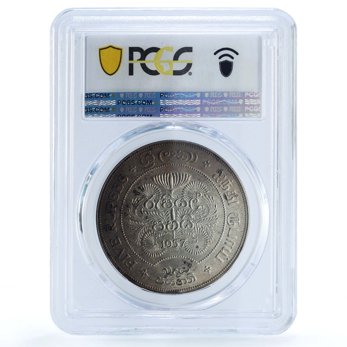 Ceylon 5 rupees Buddhism 2500 Year KM-126 Religion MS 62 PCGS silver coin 1957 Ceylon 5 rupees Buddhism 2500 Year KM-126 Religion MS 62 PCGS silver coin 1957