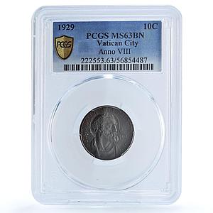 Vatican 10 centesimi Pius XI KM-2 Berman-3360 St. Peter MS 63 PCGS BN coin 1929