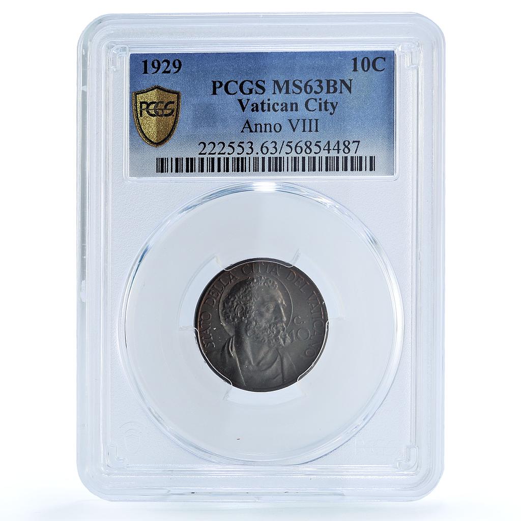 Vatican 10 centesimi Pius XI KM-2 Berman-3360 St. Peter MS 63 PCGS BN coin 1929 Vatican 10 centesimi Pius XI KM-2 Berman-3360 St. Peter MS 63 PCGS BN coin 1929