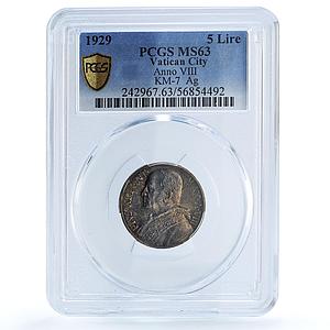 Vatican 5 lire Pius XI KM-7 Berman-3355 St. Peter MS 63 PCGS silver coin 1929
