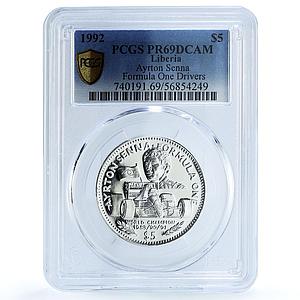 Liberia 5 dollars Ayrton Senna KM-78 Formula One Car PR 69 PCGS silver coin 1992