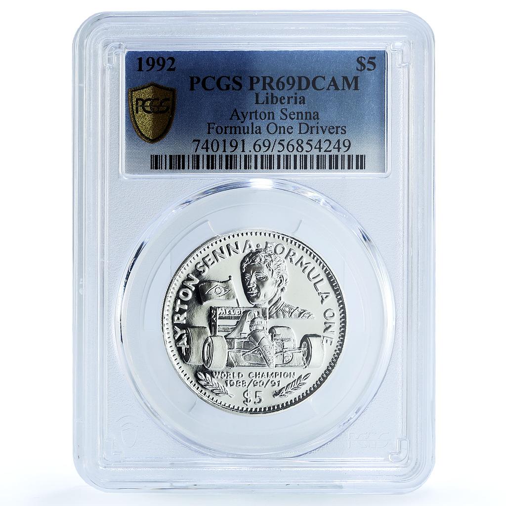 Liberia 5 dollars Ayrton Senna KM-78 Formula One Car PR 69 PCGS silver coin 1992 Liberia 5 dollars Ayrton Senna KM-78 Formula One Car PR 69 PCGS silver coin 1992