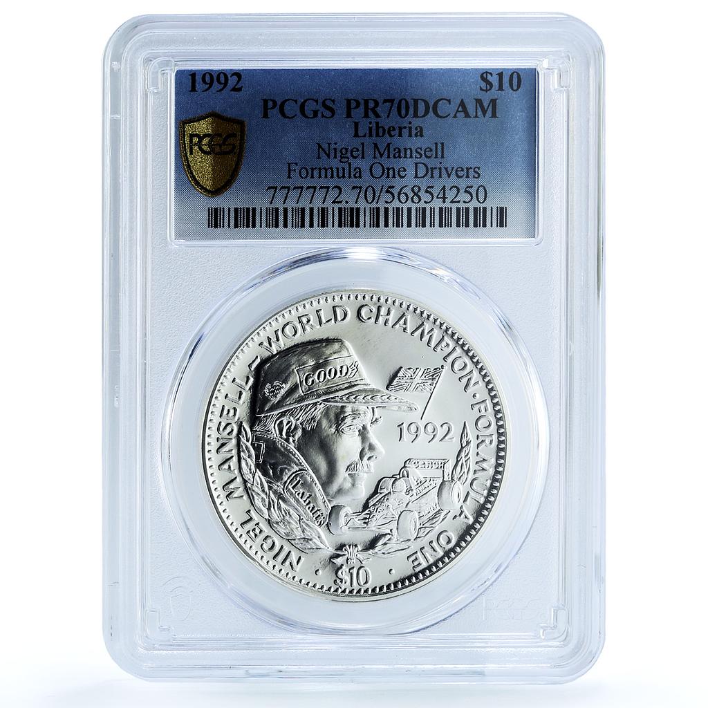Liberia 10 dollars Mansell KM-75 Formula One Car PR 70 PCGS silver coin 1992 Liberia 10 dollars Mansell KM-75 Formula One Car PR 70 PCGS silver coin 1992