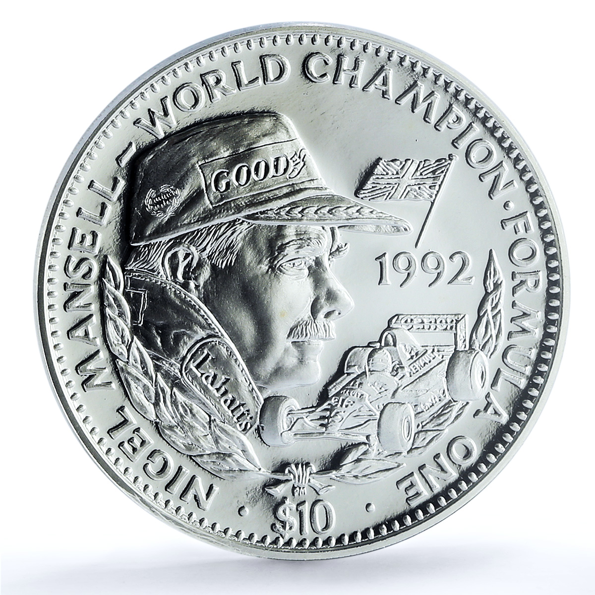 Liberia 10 dollars Mansell KM-75 Formula One Car PR 70 PCGS silver coin 1992 Liberia 10 dollars Mansell KM-75 Formula One Car PR 70 PCGS silver coin 1992