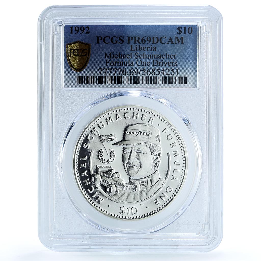 Liberia 10 dollars Schumacher KM-86 Formula One Car PR 69 PCGS silver coin 1992 Liberia 10 dollars Schumacher KM-86 Formula One Car PR 69 PCGS silver coin 1992